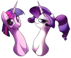 Size: 1024x838 | Tagged: safe, artist:xxluv-bug004xx, derpibooru import, rarity, twilight sparkle, pony, unicorn, duo, duo female, female, mare, multicolored mane, purple coat, purple mane, white coat