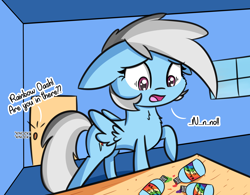 Size: 1986x1547 | Tagged: safe, artist:artiks, derpibooru import, rainbow dash, pegasus, pony, alternate mane color, atg 2019, dialogue, door, dye, hair dye, nervous, newbie artist training grounds, rainbow-less dash, solo, table, window