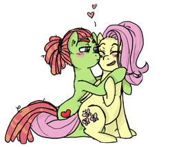 Size: 900x768 | Tagged: safe, artist:hoshikokin, fluttershy, tree hugger, pegasus, pony, alternate hairstyle, blushing, cute, eyes closed, female, flutterhugger, heart, hug, implied magical lesbian spawn, kissing, lesbian, pregnant, shipping