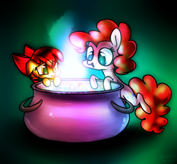 Size: 2034x1882 | Tagged: safe, artist:juisedrop, apple bloom, applejack, pinkie pie, earth pony, pony, appletini, brew, cauldron, cute, duo focus, glow, pot