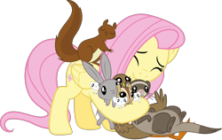Size: 4000x2522 | Tagged: safe, artist:vulthuryol00, fluttershy, chipmunk, duck, ferret, mouse, pegasus, pony, rabbit, squirrel, the hooffields and mccolts, .svg available, animal, cute, hug, shyabetes, simple background, transparent background, vector