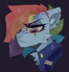 Size: 2000x2111 | Tagged: safe, artist:dino_horse, derpibooru import, rainbow dash, pegasus, pony, alternate hairstyle, alternate timeline, angry, clothes, looking down, scar, simple background, solo, uniform, war