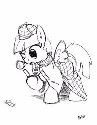 Size: 2480x3219 | Tagged: safe, artist:nasse, derpibooru import, twilight sparkle, twilight sparkle (alicorn), alicorn, pony, detective, female, magnifying glass, mare, monochrome, pipe, sherlock holmes, sketch, solo