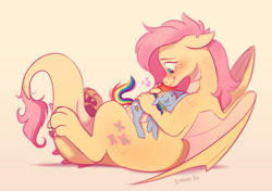 Size: 1955x1377 | Tagged: safe, artist:imalou, derpibooru import, fluttershy, rainbow dash, dragon, pegasus, pony, blushing, dragoness, dragonified, duo, female, flutterdash, flutterdragon, gradient background, heart, hug, interspecies, lesbian, lying, lying on top of someone, mare, on back, prone, shipping, simple background, size difference, sleeping, snuggling, species swap