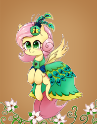 Size: 6600x8400 | Tagged: safe, artist:bloodatius, fluttershy, pegasus, pony, absurd resolution, clothes, dress, flying, gala dress, peacock feathers, solo