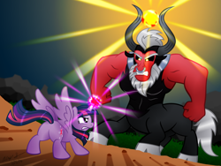 Size: 3000x2250 | Tagged: safe, artist:aleximusprime, derpibooru import, lord tirek, twilight sparkle, twilight sparkle (alicorn), alicorn, pony, angry, female, glare, mare, super saiyan princess, twilight vs tirek