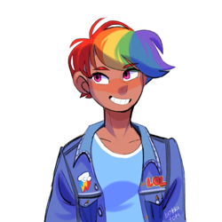 Size: 640x640 | Tagged: safe, artist:bokkitoki, derpibooru import, part of a set, rainbow dash, human, female, humanized, simple background, smiling, solo, white background