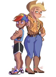 Size: 640x883 | Tagged: safe, artist:bokkitoki, derpibooru import, applejack, rainbow dash, human, appledash, boots, cowboy boots, cowboy hat, crossed arms, duo, female, hat, height difference, humanized, lesbian, shipping, shoes, simple background, smoldash, straw in mouth, white background