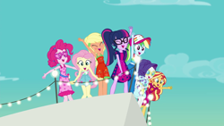 Size: 1280x720 | Tagged: safe, screencap, applejack, fluttershy, pinkie pie, rainbow dash, rarity, sci-twi, sunset shimmer, twilight sparkle, better together, equestria girls, i'm on a yacht, humane five, humane seven, humane six