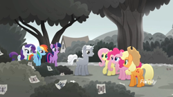 Size: 1366x768 | Tagged: safe, derpibooru import, screencap, applejack, fluttershy, pinkie pie, rainbow dash, rarity, twilight sparkle, twilight sparkle (alicorn), alicorn, butterfly, earth pony, pegasus, pony, unicorn, rainbow roadtrip, applejack's hat, bush, cowboy hat, desaturated, discovery family logo, drawing, grass, grayscale, hat, hope hollow, house, mane six, monochrome, tree