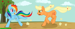 Size: 3497x1336 | Tagged: safe, artist:redheartponiesfan, derpibooru import, applejack, rainbow dash, earth pony, pegasus, pony, accessory theft, appledash, female, hat, lesbian, one eye closed, shipping, tongue out, wink