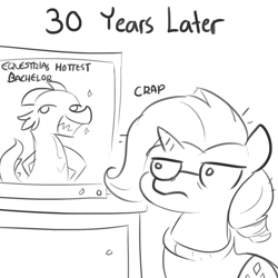 Size: 1650x1650 | Tagged: safe, artist:tjpones, rarity, spike, dragon, pony, unicorn, clothes, female, glasses, grayscale, hilarious in hindsight, karma, mare, mistakes were made, monochrome, older, older rarity, older spike, regret, simple background, sketch, television, white background