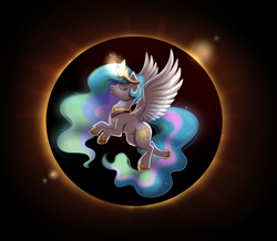 Size: 2125x1857 | Tagged: safe, artist:confetticakez, princess celestia, alicorn, pony, eclipse, eyes closed, female, fluffy, flying, glowing horn, leg fluff, magic, mare, smiling, solar eclipse, solo, spread wings, wing fluff, wings