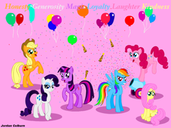 Size: 960x720 | Tagged: safe, artist:jac59col, derpibooru import, applejack, fluttershy, pinkie pie, rainbow dash, rarity, twilight sparkle, twilight sparkle (alicorn), alicorn, earth pony, pegasus, pony, unicorn, anniversary, balloon, confetti, hat, mane six, party cannon, party hat