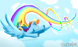 Size: 5000x3000 | Tagged: safe, artist:coociecat, derpibooru import, rainbow dash, pegasus, pony, cloud, female, flight trail, flying, looking away, looking back, mare, rainbow, rainbow trail, sky, solo, spread wings, wings