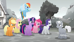 Size: 1366x768 | Tagged: safe, derpibooru import, screencap, applejack, fluttershy, pinkie pie, rainbow dash, rarity, sunny skies, twilight sparkle, twilight sparkle (alicorn), alicorn, earth pony, pegasus, pony, unicorn, rainbow roadtrip, crossed arms, crossed hooves, desaturated, discovery family logo, flying, grayscale, hope hollow, house, mane six, monochrome, tree, upset