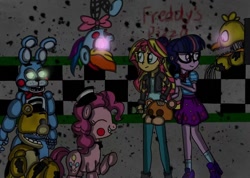Size: 916x654 | Tagged: safe, artist:starflashing twinkle, pinkie pie, rainbow dash, sunset shimmer, twilight sparkle, bear, earth pony, human, pony, rabbit, robot, robot pony, equestria girls, animal, bow, bowtie, clothes, crossover, female, five nights at freddy's, freddy fazbear, glowing eyes, golden freddy, hat, headgear, jacket, male, mangle, mask, photo, roboticization, shipping, shoes, skirt, smiling, straight, toy bonnie, toy freddy, vent, withered chica