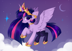 Size: 3541x2508 | Tagged: safe, artist:alkit_is_not_me, artist:angryroru, twilight sparkle, twilight sparkle (alicorn), alicorn, pony, big crown thingy, chest fluff, clothes, cloud, crescent moon, crown, cute, ear fluff, element of magic, eye clipping through hair, female, flying, high res, hoof shoes, jewelry, mare, moon, night, profile, regalia, sky, socks, solo, spread wings, stars, stockings, thigh highs, twiabetes, wings