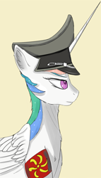 Size: 1000x1750 | Tagged: safe, artist:evil-spider, princess celestia, alicorn, pony, armband, bust, colored pupils, ear fluff, female, hat, mare, peaked cap, profile, simple background, solo