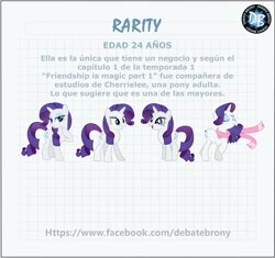 Size: 1878x1767 | Tagged: safe, rarity, pony, unicorn, age, facebook, spanish, text, translated in the comments