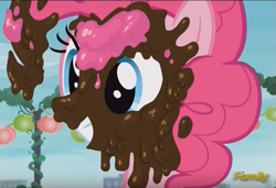 Size: 643x439 | Tagged: safe, screencap, pinkie pie, earth pony, pony, the gift of the maud pie, chocolate, discovery family logo, food, grin, messy eating, smiling, solo, squee