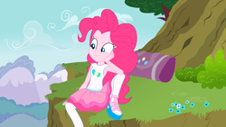 Size: 1600x900 | Tagged: safe, artist:crystal-ice9201, artist:marcorois, artist:techrainbow, editor:slayerbvc, pinkie pie, equestria girls, cliff, clothes, duffle bag, female, flower, hand on cheek, looking down, sitting, solo, spread legs, spreading, stockings, thigh highs