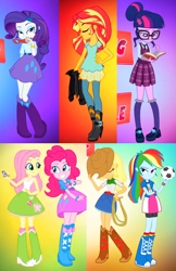 Size: 742x1146 | Tagged: safe, screencap, applejack, fluttershy, pinkie pie, rainbow dash, rarity, sci-twi, sunset shimmer, twilight sparkle, equestria girls, friendship games, ball, book, clothes, glasses, hat, humane five, humane seven, humane six, intro, jacket