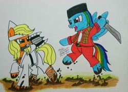 Size: 3314x2368 | Tagged: safe, artist:boyoxhot, derpibooru import, applejack, rainbow dash, earth pony, pegasus, pony, axe, bipedal, crossover, dirty, female, indonesia, jumping, machete, mare, mud, si pitung, weapon, wiro sableng