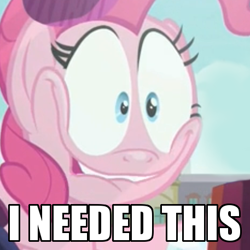 Size: 457x457 | Tagged: safe, screencap, pinkie pie, earth pony, pony, the gift of the maud pie, creepy smile, meme, solo, text