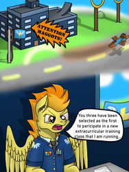 Size: 3024x4032 | Tagged: safe, artist:tacomytaco, derpibooru import, spitfire, oc, pegasus, pony, comic:wedgiebolts academy, clothes, comic, female, flag, flying, spread wings, text, uniform, wings, wonderbolts uniform