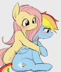 Size: 1735x2048 | Tagged: safe, artist:manachaaaaaaaa, derpibooru import, fluttershy, rainbow dash, pegasus, pony, blushing, crying, duo, female, hug, mare, sitting