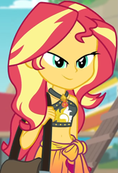 Size: 671x986 | Tagged: safe, screencap, sunset shimmer, better together, equestria girls, forgotten friendship, belly button, bikini, bikini top, blurry background, cliff, clothes, cropped, cute, female, forest background, geode of empathy, jewelry, lidded eyes, magical geodes, midriff, necklace, outdoors, sarong, sexy, shimmerbetes, shoulder bag, sky, sleeveless, smiling, solo, steps, swimsuit