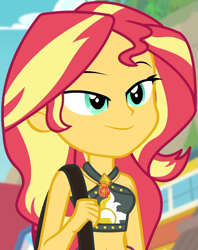Size: 789x998 | Tagged: safe, screencap, sunset shimmer, better together, equestria girls, forgotten friendship, belly button, bikini, bikini top, blurry background, cliff, clothes, cloud, cropped, cute, female, forest background, geode of empathy, jewelry, lidded eyes, magical geodes, midriff, necklace, outdoors, sarong, sexy, shimmerbetes, shoulder bag, sky, sleeveless, smiling, solo, steps, swimsuit