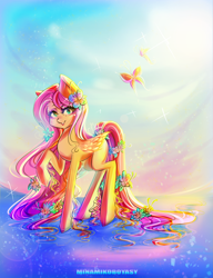 Size: 2893x3759 | Tagged: safe, artist:minamikoboyasy, fluttershy, butterfly, pegasus, pony, flower, flower in hair, raised hoof, solo, water