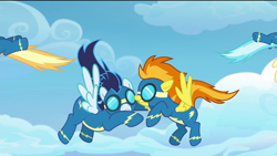 Size: 1920x1080 | Tagged: safe, derpibooru import, screencap, soarin', spitfire, pegasus, pony, the last problem, clothes, cloud, crash, fail, female, flying, majestic as fuck, male, mare, stallion, uniform, wonderbolts, wonderbolts uniform