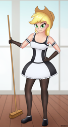 Size: 1421x2640 | Tagged: safe, artist:irisarco, applejack, human, applerack, armpits, bedroom eyes, breasts, broom, clothes, cowboy hat, cute, female, freckles, gloves, hat, humanized, looking at you, maid, room, shoes, skirt, smiling, socks, solo, standing, stetson, thigh highs, window