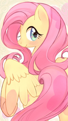 Size: 640x1136 | Tagged: safe, artist:oyu, fluttershy, pegasus, pony, blushing, female, looking at you, looking back, looking back at you, pixiv, raised hoof, smiling, solo, spread wings