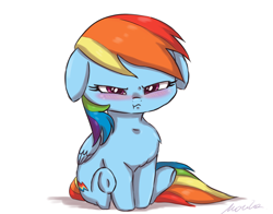 Size: 2800x2200 | Tagged: safe, artist:buttersprinkle, derpibooru import, rainbow dash, pegasus, pony, blushing, chest fluff, cute, dashabetes, female, floppy ears, grumpy, high res, simple background, sitting, solo, white background, ych example, your character here