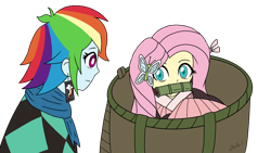 Size: 2560x1440 | Tagged: safe, artist:iamsheila, derpibooru import, fluttershy, rainbow dash, demon, equestria girls, anime, clothes, cosplay, costume, demon slayer, kimetsu no yaiba, mouth hold, nezuko kamado, tanjiro kamado