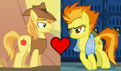 Size: 843x496 | Tagged: safe, derpibooru import, edit, edited screencap, screencap, braeburn, spitfire, pony, newbie dash, over a barrel, female, male, shipping, shipping domino, spitburn, straight