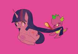 Size: 683x478 | Tagged: safe, artist:pongtang, derpibooru import, spike, twilight sparkle, dragon, brush, brushie, brushing, comb