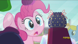 Size: 1920x1088 | Tagged: safe, screencap, pinkie pie, earth pony, pony, the gift of the maud pie, against glass, discovery family logo, glass, pouch, rock pouch, window