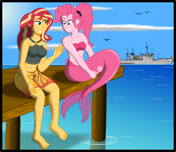 Size: 2300x1988 | Tagged: safe, artist:physicrodrigo, part of a series, part of a set, pinkie pie, sunset shimmer, bird, mermaid, series:equestria mermaids, equestria girls, barefoot, battleship, belly button, bikini, bikini top, boat, breasts, cleavage, clothes, cloud, duo, duo female, feet, female, fins, grin, high res, hug, looking at each other, mermaid tail, mermaidized, mexico, midriff, military, navy, ocean, pier, pinkie pies, ponytail, raised hand, sarong, seashell bra, ship, sitting, smiling, social distancing, species swap, story included, sunset jiggler, swimsuit, tail hug