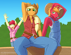 Size: 1656x1280 | Tagged: safe, artist:hobbsmeerkat, apple bloom, applejack, big macintosh, anthro, armpits, clothes, fence, jeans, overalls