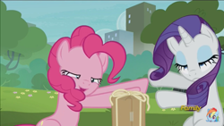 Size: 1920x1080 | Tagged: safe, screencap, pinkie pie, rarity, earth pony, pony, unicorn, the gift of the maud pie, discovery family logo, frown, fusion dance fail, lidded eyes, open mouth, present, pushing, smiling