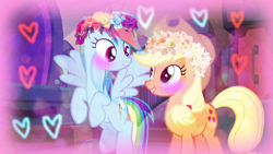 Size: 1280x720 | Tagged: safe, artist:marissa8224, derpibooru import, edit, applejack, rainbow dash, earth pony, pegasus, pony, appledash, female, floral head wreath, flower, lesbian, shipping