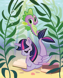 Size: 612x756 | Tagged: safe, artist:inki-drop, derpibooru import, spike, twilight sparkle, twilight sparkle (alicorn), alicorn, merpony, sea pony, seahorse, book, bubble, hilarious in hindsight, looking at you, open mouth, reading, seaponified, seapony twilight, seaweed, smiling, species swap, underwater