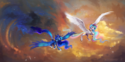Size: 3464x1732 | Tagged: safe, artist:wilvarin-liadon, princess celestia, princess luna, alicorn, pony, crown, duo, ethereal mane, female, flying, jewelry, large wings, lidded eyes, looking at you, mare, regalia, royal sisters, scenery, sisters, spread wings, starry mane, wings
