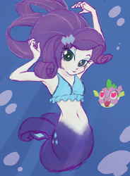 Size: 3000x4080 | Tagged: safe, artist:noupu, rarity, spike, mermaid, equestria girls, my little pony: the movie, armpits, belly button, bikini, bikini top, clothes, female, looking at you, mermaidized, midriff, puffer fish, species swap, spike the pufferfish, swimsuit, underwater