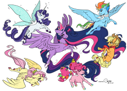 Size: 5905x4220 | Tagged: safe, artist:cigarscigarettes, colorist:pone-dancer, derpibooru import, applejack, fluttershy, pinkie pie, princess twilight 2.0, rainbow dash, rarity, twilight sparkle, twilight sparkle (alicorn), alicorn, earth pony, pegasus, pony, unicorn, the last problem, absurd resolution, artificial wings, augmented, colored lineart, fairy wings, magic, magic wings, mane six, older, older applejack, older fluttershy, older mane six, older pinkie pie, older rainbow dash, older rarity, older twilight, signature, simple background, transparent background, wings